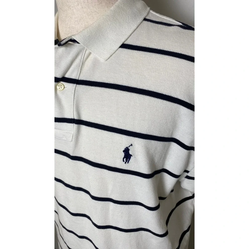 Polo Ralph Lauren Mens XL Classic Fit Striped Pique Polo Shirt White Navy Blue